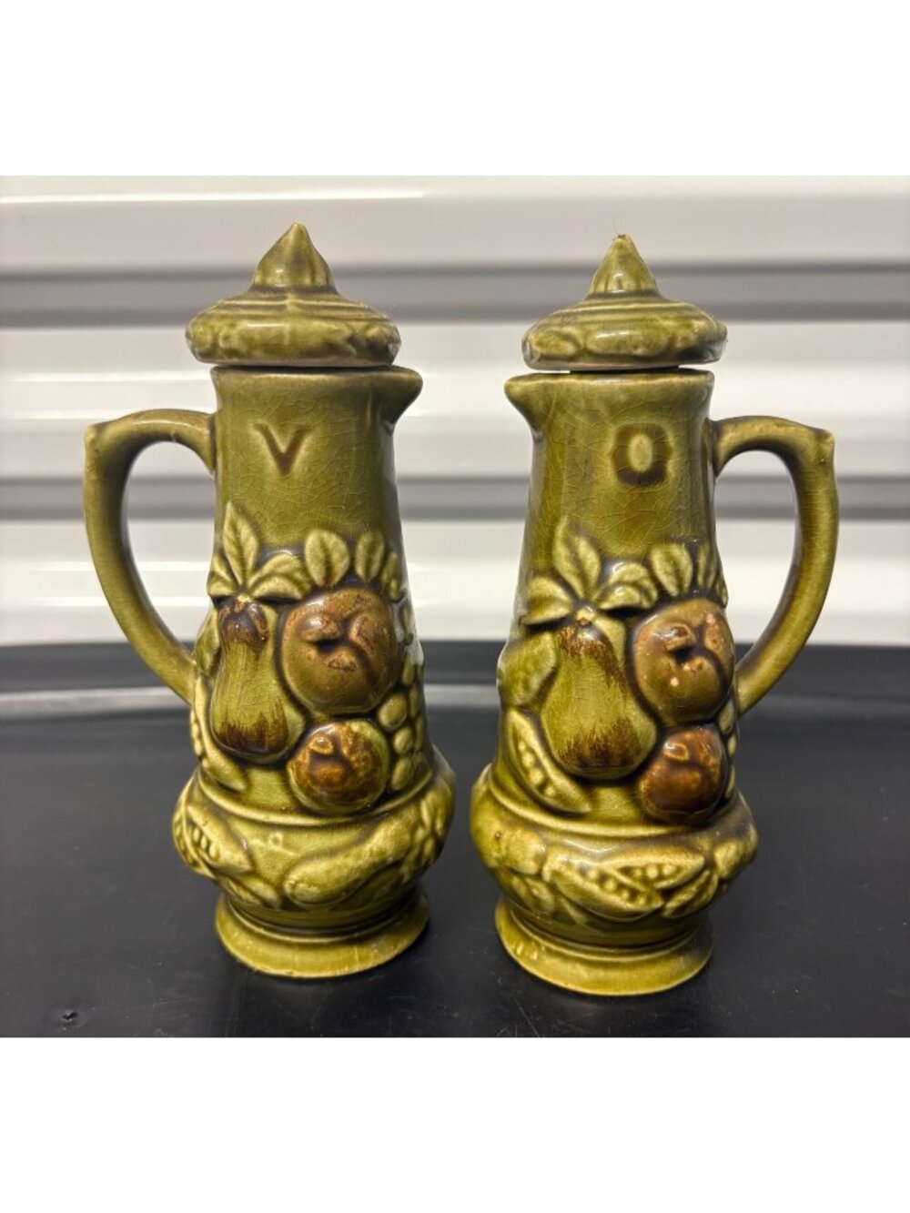 Vintage MCM Green Ceramic Oil & Vinegar Cruet Set Fruit Design Cork Stoppers